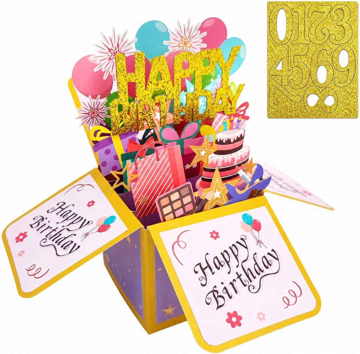 ROBBEAR Happy Birthday Pop Up Card with Birthday Age Design, DIY Card Highlight Birthday Milestone, 3D Birthday Gift Box with Detachable and Free Combination Numbers, A Unique Card for Daughter, Son, Mom, Dad, Friend