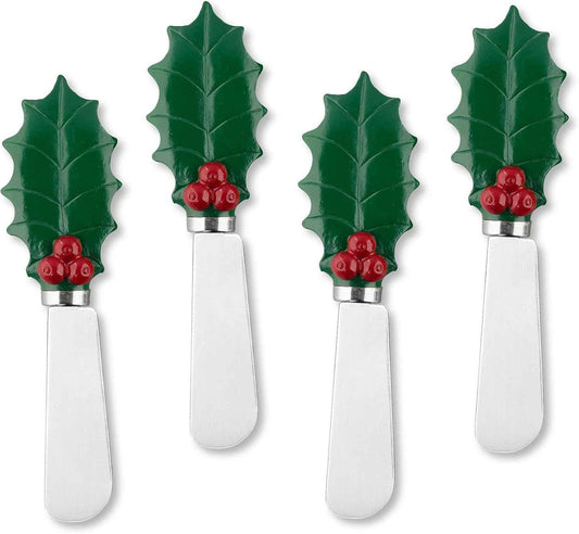 Supreme Housewares Holly Days Cheese Spreaders, Hand-Painted Resin Handles with Stainless Steel Blades for Spreading Cream Cheese, Butter, Jam, or Sandwich, Set of 4
