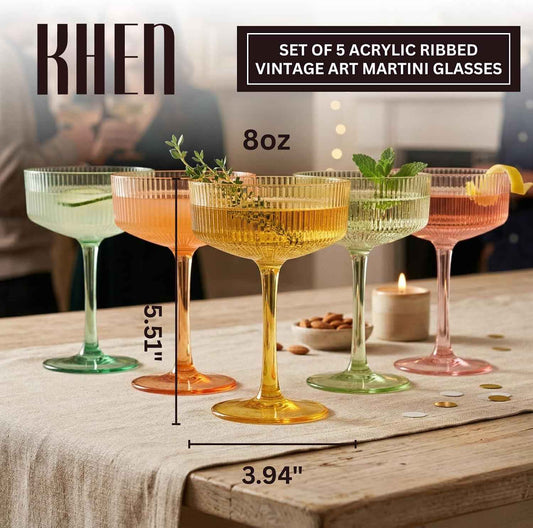 Khen Acrylic Ribbed Vintage Art Deco Martini Glasses, Set of 5 8oz Spring & Summer Pastel Shatterproof Coupe Stemware Cocktail Champagne Drinkware Tumblers Indoor Outdoor Wedding Poolside Entertaining