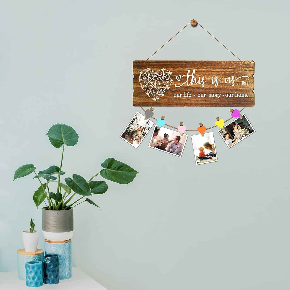 Buecasa Housewarming Gifts New Home Sign Decor - Rustic Wall Hanging Picture Frame with 6 Heart Clips -This Is Us Wall Decor 15.8x6.0 Inches
