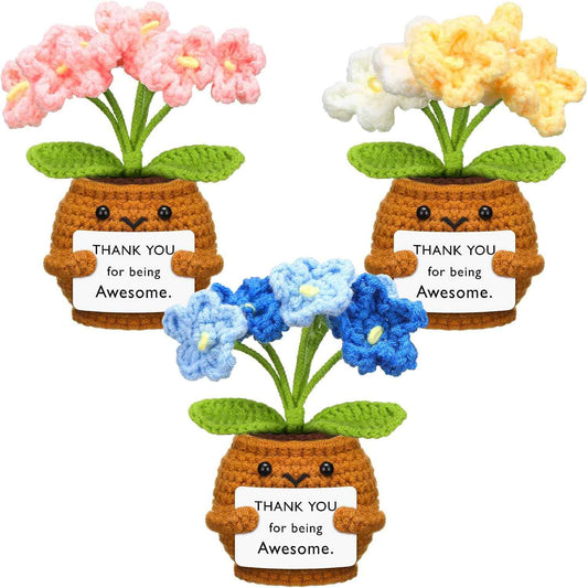 Wavwavw 3 Pcs Thank You Gifts Crochet Flower Employees Appreciation Birthday Gifts Handmade Positive Flower with Inspirational Card for Women Men Coworker Friend Office Staff Favors