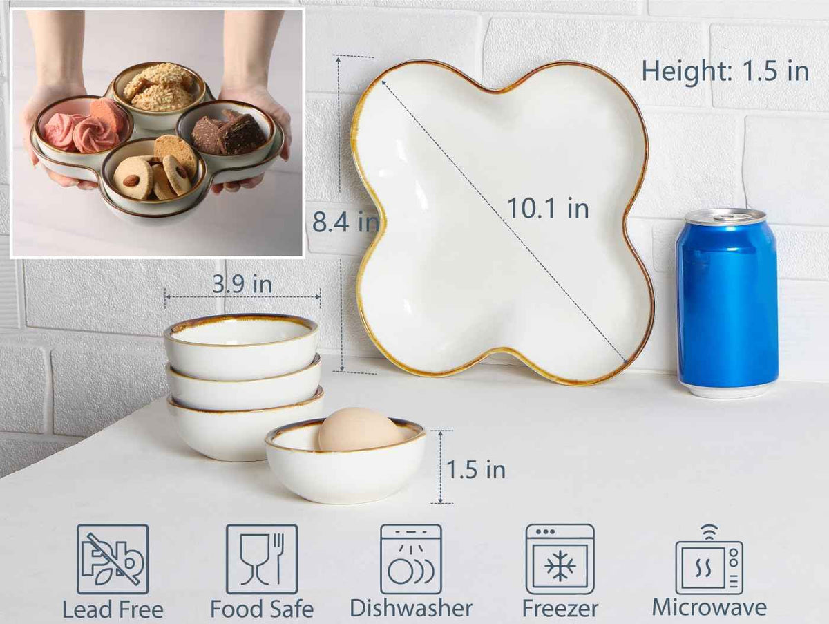 ONEMORE Chip and Dip Serving Set, 8.5 inch Ceramic Divided Serving Platter Small Appetizer Tray with 4 Removable Dishes for Nuts, Candy, Snacks, Veggies, Rustic Serving Bowls for Entertaining