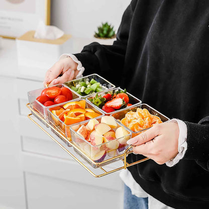 6 Clear Glass Serving Bowls Set with Gold Metal Rack Tray, Removable Condiment Dishes Serving Bowls Buffet Server Food Display Relish Tray for Fruit Dessert Appetizer Nuts Snacks Candy Chip Dip Bowl