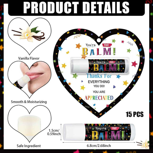 15 Pack Back to School Employee Teacher Appreciation Gifts Bulk Lip Balm Teacher Employee Staff Team Heart Thank You Gift You're the Balm Volunteer Appreciation Party Favors for Women Men Coworkers
