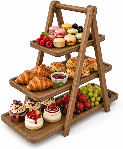 Acacia Wood 3 Tier Foldable Serving Tray, Farmhouse Tiered Display Stand for Charcuterie, Cheese, Desserts & Snacks, Wooden Organizer for Kitchen Counter, Coffee Bar and Party Entertaining