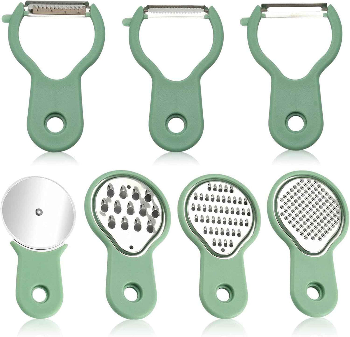 Kitchen Gadgets Set 7 Pieces, Space Saving RV Camper Kitchen Supplies, Cheese Grater, Pizza Cutter, Vegetable Shredder, Fruit Peeler, Garlic Grinder, Stackable Cooking Tools, Dishwasher Safe