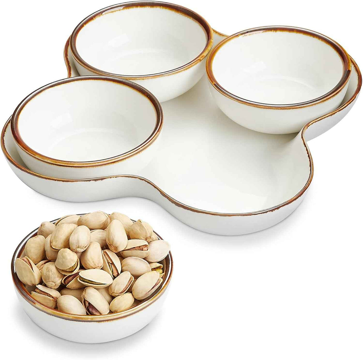 ONEMORE Chip and Dip Serving Set, 8.5 inch Ceramic Divided Serving Platter Small Appetizer Tray with 4 Removable Dishes for Nuts, Candy, Snacks, Veggies, Rustic Serving Bowls for Entertaining