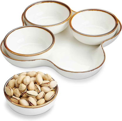 ONEMORE Chip and Dip Serving Set, 8.5 inch Ceramic Divided Serving Platter Small Appetizer Tray with 4 Removable Dishes for Nuts, Candy, Snacks, Veggies, Rustic Serving Bowls for Entertaining
