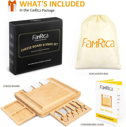 Charcuterie Board Set - FamRica Cheese Board with 2 Drawers, Bamboo Cheese Tray Serving - Unique, Wedding, Housewarming, Birthday Gifts