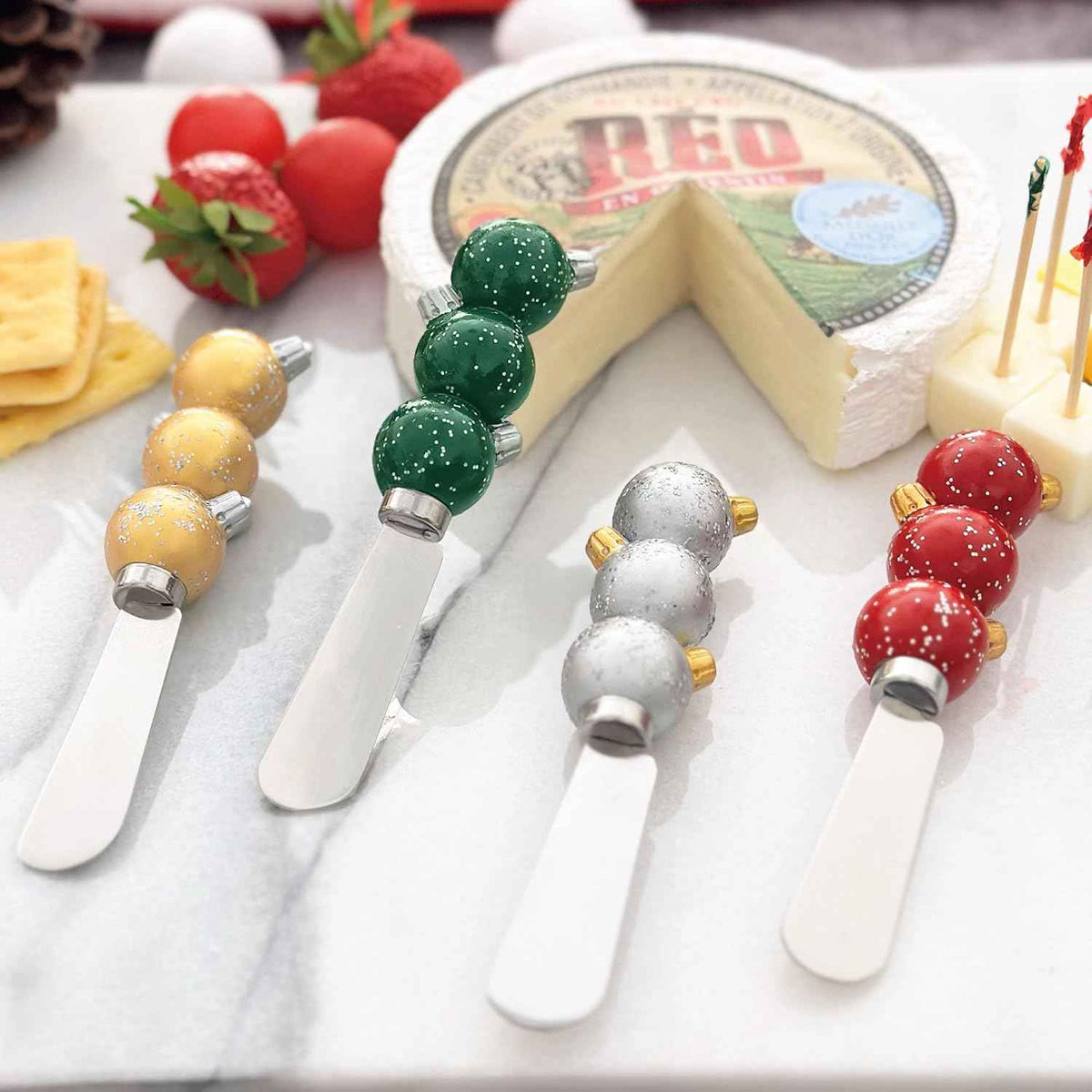 Supreme Housewares Christmas Ornament Cheese Spreaders, Hand-Painted Resin Handles with Stainless Steel Blades for Spreading Cream Cheese, Butter, Jam, or sandwich, Assorted Colors, Set of 4