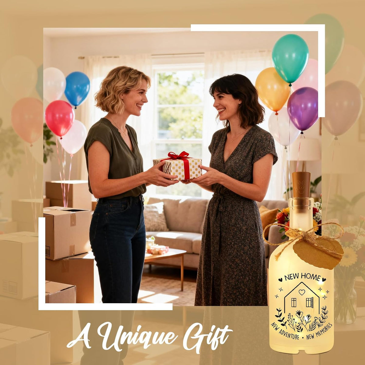 Vetbuosa Housewarming Gifts New Home - New Home Decor for Apartment, Unique Closing Gifts for New Homeowners, Glass Bottle Night Light with Warm LED, Funny First Home Gift Ideas for Women Men Friends
