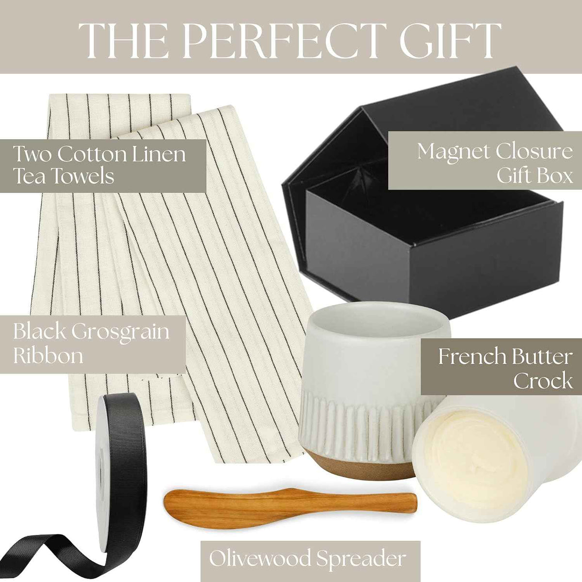French Butter Crock Gift Set –Housewarming Gift, Gift for Foodie, Holiday Gift, Corporate Gift, Gift for Kitchen |Ceramic Butter Keeper Gift Set with Tea Towels & Olivewood Spreader in Gift Box