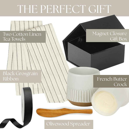 French Butter Crock Gift Set –Housewarming Gift, Gift for Foodie, Holiday Gift, Corporate Gift, Gift for Kitchen |Ceramic Butter Keeper Gift Set with Tea Towels & Olivewood Spreader in Gift Box