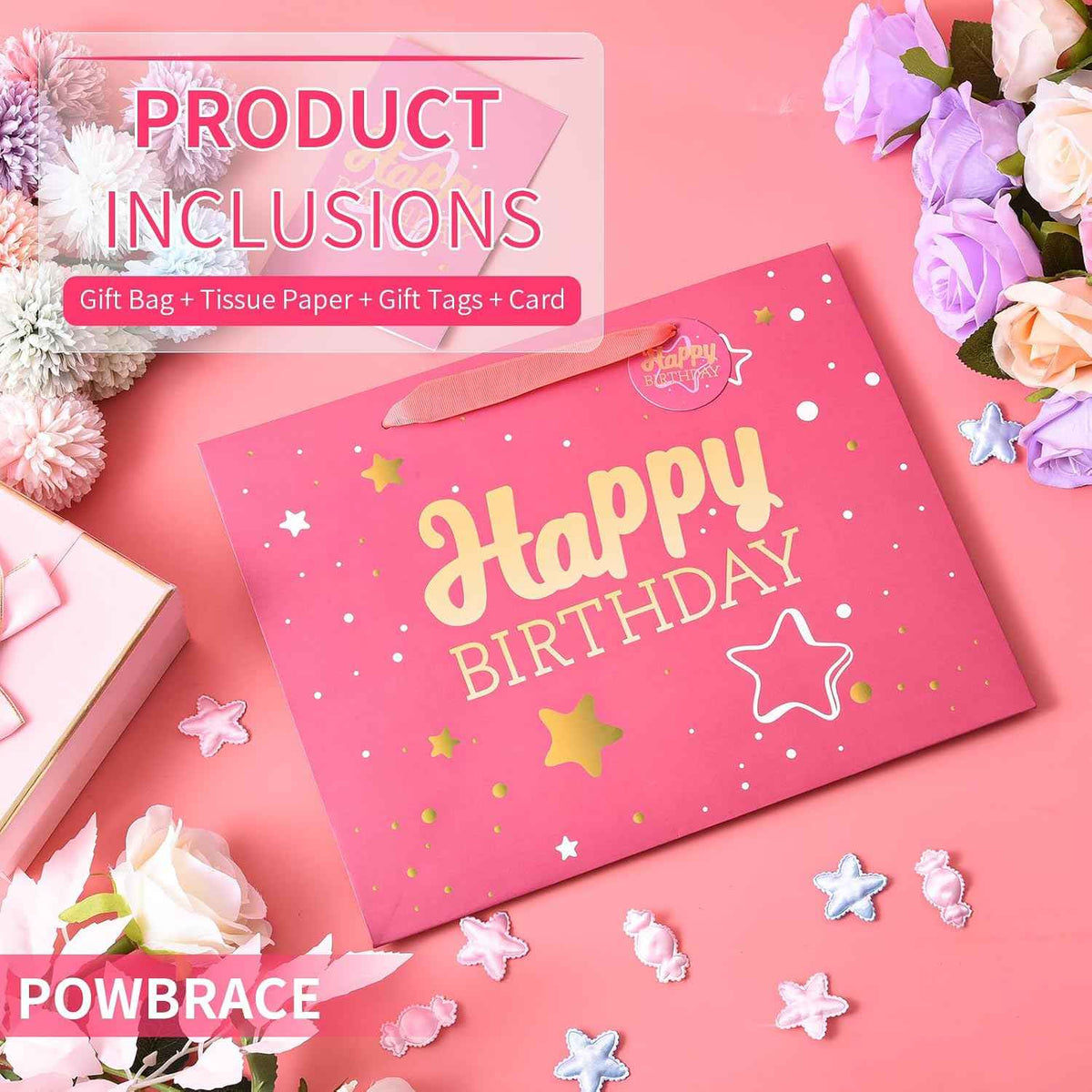 Powbrace 13" Birthday Gift Bag with Tissue Paper & Card(1 Pack Pink Gold) | Foil Stamping Gift Bags, Starry Sky Gift Bags, Happy Birthday Gift Bag for Men Women,Gift Bag Medium size