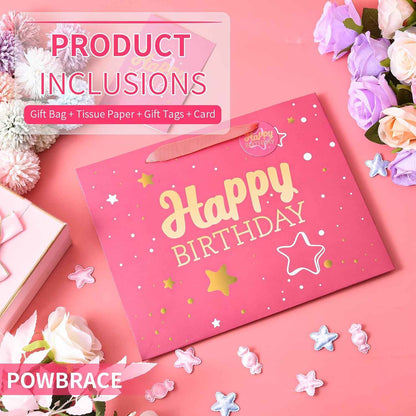 Powbrace 13" Birthday Gift Bag with Tissue Paper & Card(1 Pack Pink Gold) | Foil Stamping Gift Bags, Starry Sky Gift Bags, Happy Birthday Gift Bag for Men Women,Gift Bag Medium size