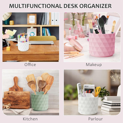 Desk Organizer, 360-Degree Rotating Pencil Pen Holders For Desk, Diamond Pattern Pen Organizer With 5 Compartments, Cute Desk Accessories Decor For Office, School,Home,Art Supply (Green)