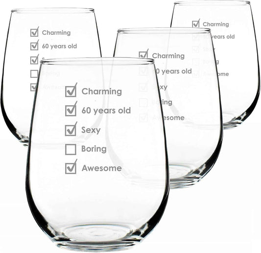 60th Birthday Checklist Wine Glass for Gift Bday Gifts - 17 oz - Set of 4 | Bevvee Gifts for turning 60. Milestone bday party decor. Wine glass drinkware for home bars and parties. Dishwasher Safe
