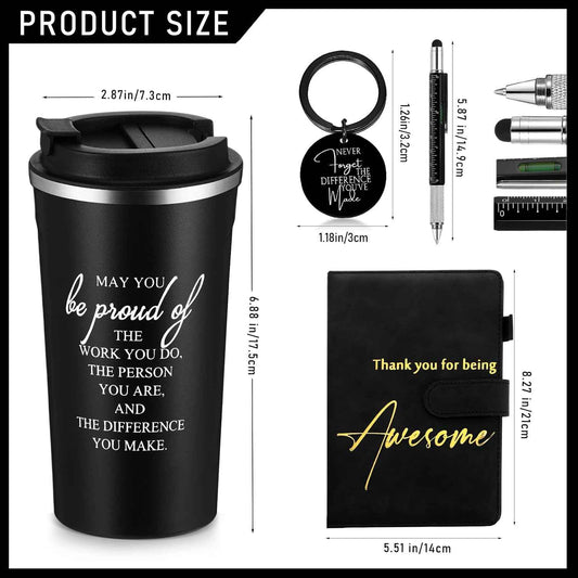 4 Set Employee Appreciation Gifts for Men Back to School Teacher Gift 17oz Black Stainless Steel Coffee Tumbler with Lid Leather Journal Keychain Pen Thank You for Male Women Coworker Staff