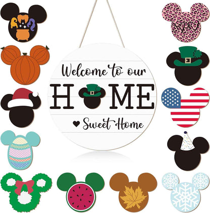 13 Pcs Interchangeable Welcome Sign for Front Door | Rustic Seasonal Mouse‑Themed Hanging Decor Ideal For Housewarming Gifts Outdoor Porch Home Wall And Front‑Door Decoration