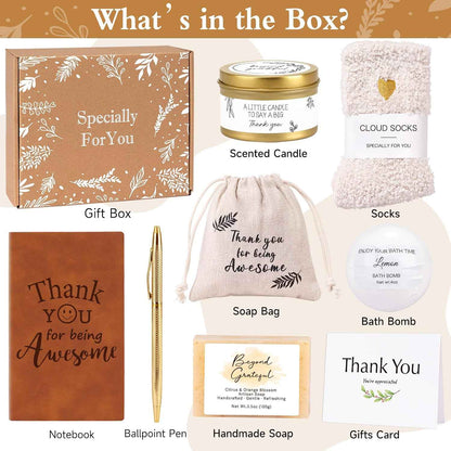 Thank You Gifts for Women, Appreciation Gift Box for Coworkers, Teachers, Nurses, Employee Appreciation Gifts w/ Notebook, Candle, Socks, Relaxation Thank You Spa Gift, Brown