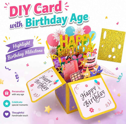 ROBBEAR Happy Birthday Pop Up Card with Birthday Age Design, DIY Card Highlight Birthday Milestone, 3D Birthday Gift Box with Detachable and Free Combination Numbers, A Unique Card for Daughter, Son, Mom, Dad, Friend