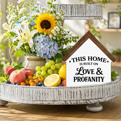 2026 Housewarming Gifts New Home Gift Ideas Wooden Sign, Funny Built on Love & Profanity House Shaped Wood Block Sign, Home Decor for Living Room Bedroom Table Desk Shelf