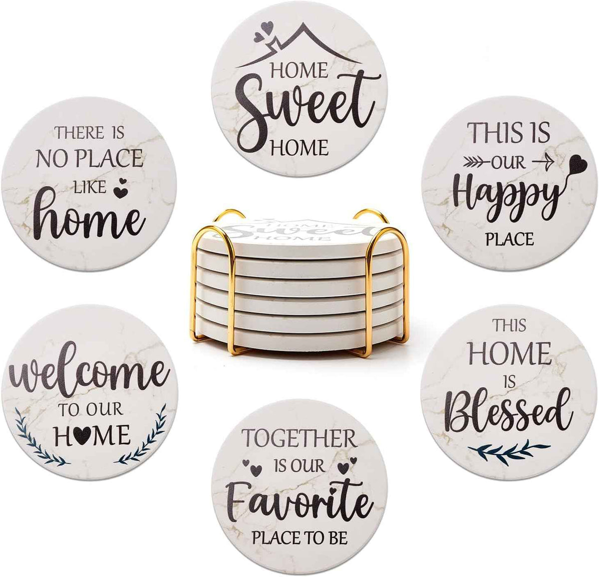 Farmhouse Ceramic Coasters with Holder, Set of 6