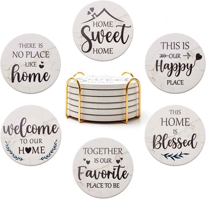 Farmhouse Ceramic Coasters with Holder, Set of 6
