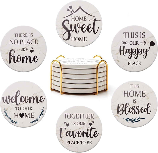 Farmhouse Ceramic Coasters with Holder, Set of 6