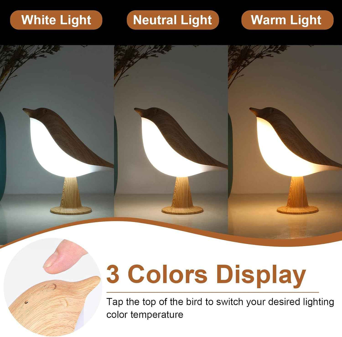 VoMii Bird Desk Lamp, Small Table Lamp Cordless Touch Dimmable Night Light with 3 Color Temperature, Rechargeable Decorative Lamps for Bedroom Bedside Nightstand, Desk Decor, Bird Gifts
