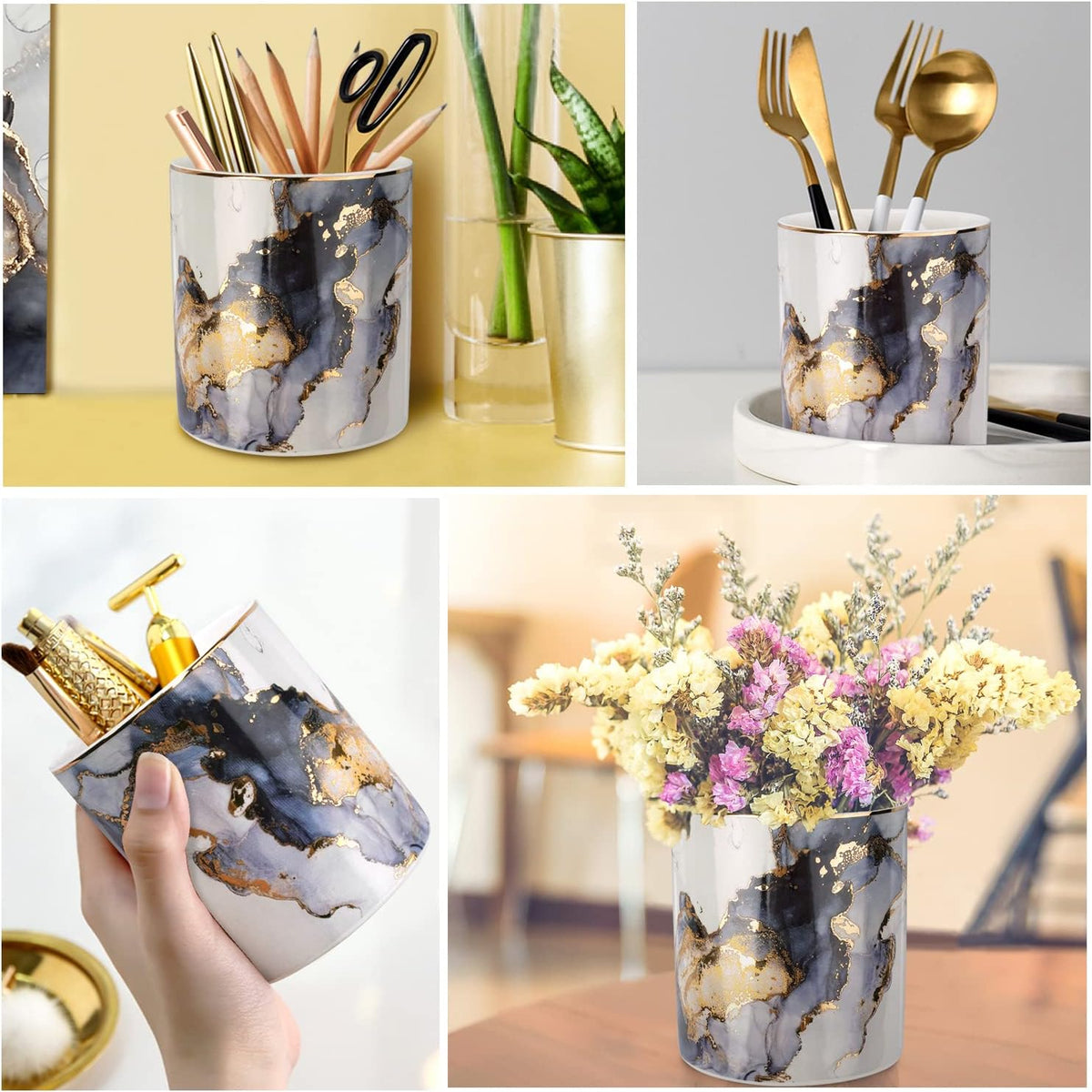 Marble Pencil Holder, Durable Ceramic Desk Organizer Office Supplies,Desktop Stationary Organizer,Multi-Functional Pencil Storage for Desktop Accessories,Office,Classroom,Home,Gray Gold