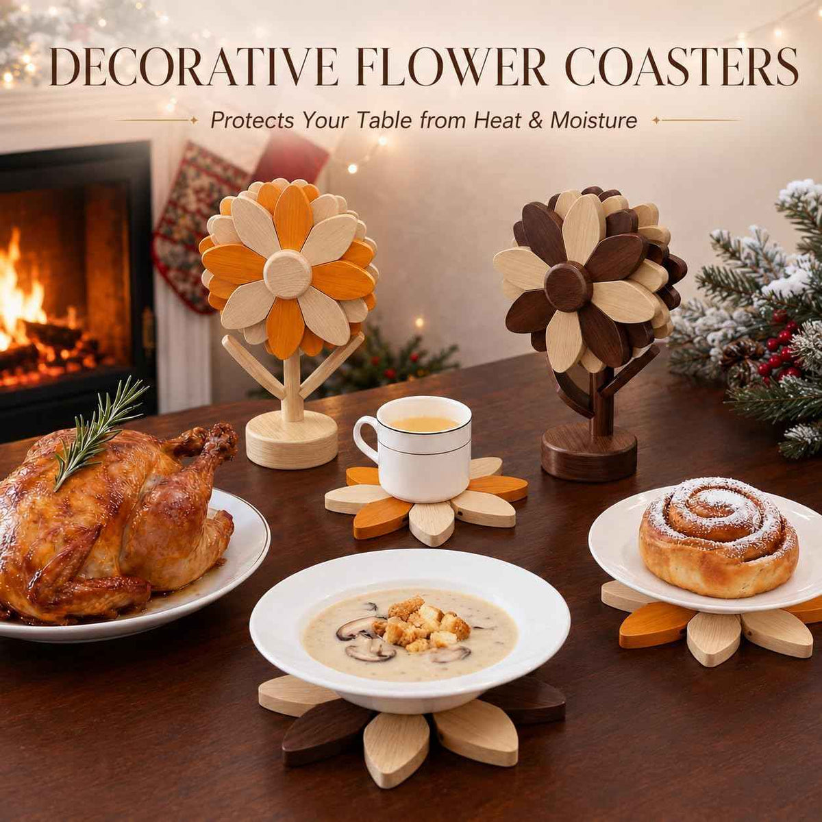 Sunflower Trivets for Hot Dishes, 5Pc Wooden Tree Trivet Stand Set | Flippable wooden sunflower petals expand 5.5 to 6.69 in - trivet & coaster in one, doubles as countertop decor