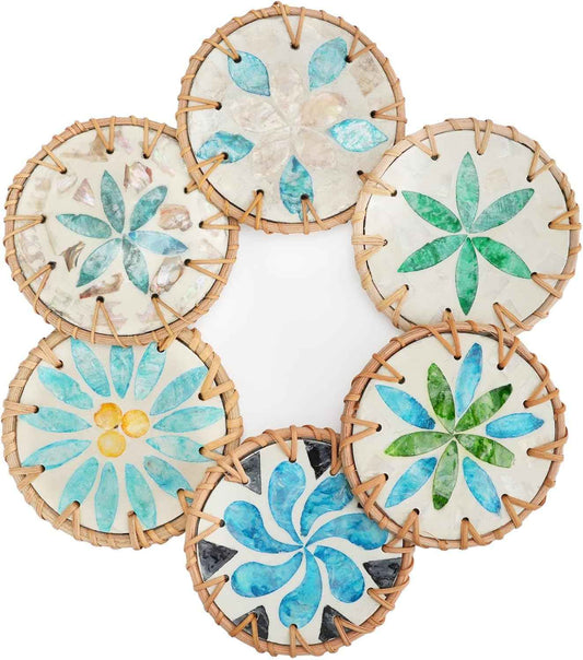 Coasters Set of 6, Boho Rattan and Mother of Pearl | Unique Drink Mat, Coffee Table, Ideas Handmade Aesthetic, New Home Wall Decor, House Warming Gift