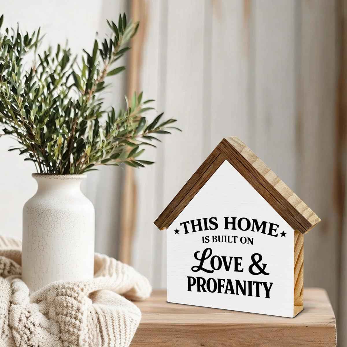 2026 Housewarming Gifts New Home Gift Ideas Wooden Sign, Funny Built on Love & Profanity House Shaped Wood Block Sign, Home Decor for Living Room Bedroom Table Desk Shelf