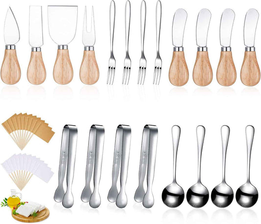 Patelai 20 Pieces Charcuterie Accessories Spreader Knife with Forks,Silver | Wooden Handles, Cheese Spreaders Forks Spoons, Stainless Steel, For Party Wedding Appetizers, Board Serving Tools