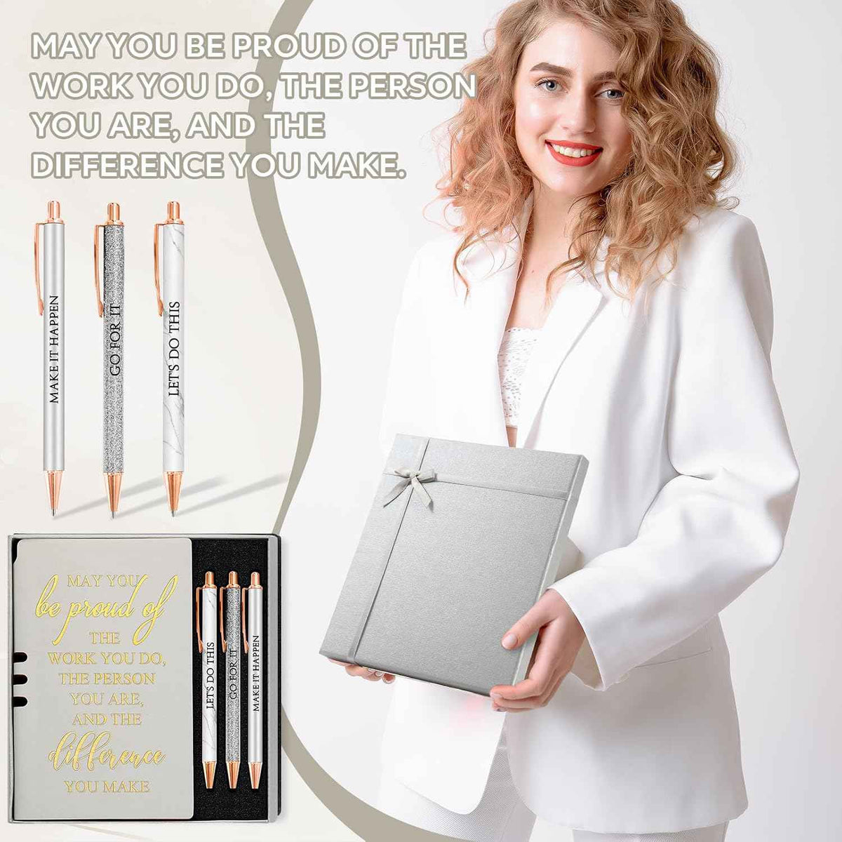 Resurhang 5 Pcs Employee Appreciation Gift Journal Notebook Silver | Leather Notebook, 3 Ballpoint Pen with Box, Thank You Gift, for Nurse Volunteer Teacher Secretary Assistant Coworker Women