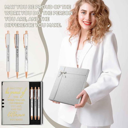 Resurhang 5 Pcs Employee Appreciation Gift Journal Notebook Silver | Leather Notebook, 3 Ballpoint Pen with Box, Thank You Gift, for Nurse Volunteer Teacher Secretary Assistant Coworker Women