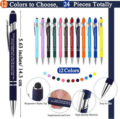 Qilery 24 Set Employee Appreciation Pens Gift Black Ink Metal Inspirational Ballpoint Pen with Stylus Tip Colorful Motivational Quote with Thank You Card Rope for Office Coworker Men Women