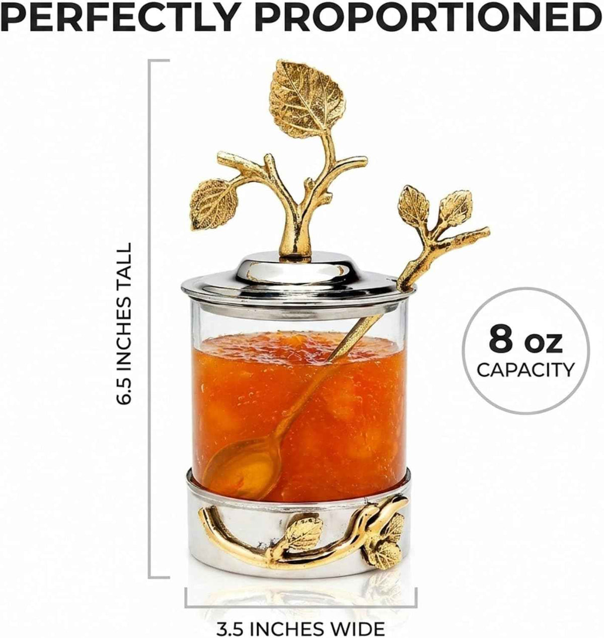 Godinger Elegant Leaf Jam & Honey Jar with Spoon – Stylish Stainless Steel & Glass Dish For Condiments, Sugar & Spreads – Decorative Serveware for Breakfast, Tea, Entertaining & Housewarming Gifts