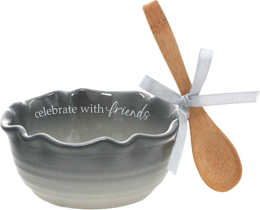 Pavilion Gift Company - Celebrate With Friends - 4.5" Ceramic Bowl With Bamboo Serving Spoon Neutral Ombre Kitchen Serveware Housewarming Gift Hostest Host Bestie BFF Friendship Present