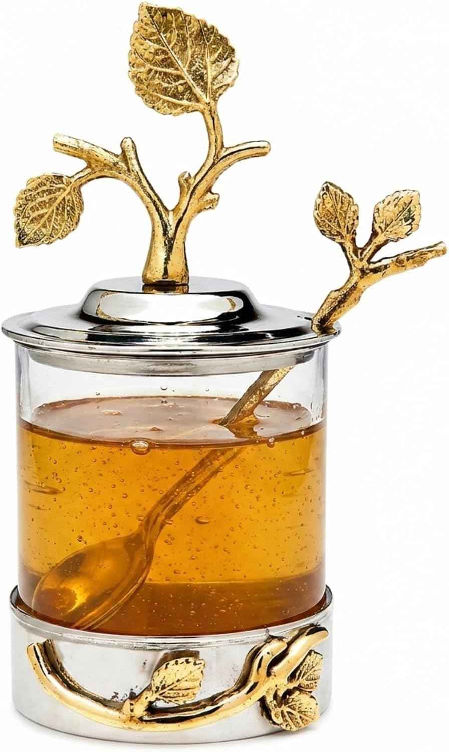 Godinger Elegant Leaf Jam & Honey Jar with Spoon – Stylish Stainless Steel & Glass Dish For Condiments, Sugar & Spreads – Decorative Serveware for Breakfast, Tea, Entertaining & Housewarming Gifts