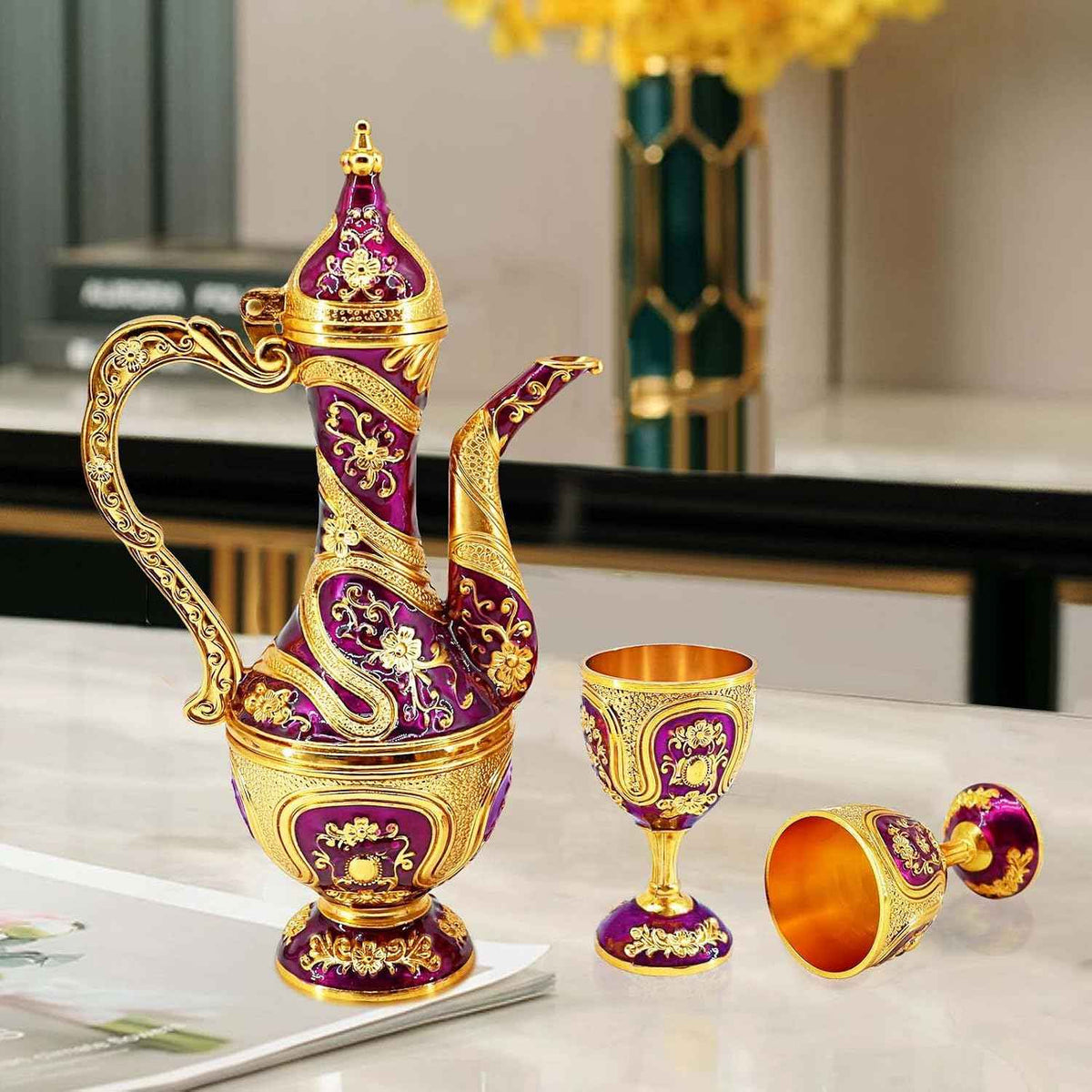 Turkish Tea Coffee Cup and Pot Set Including Teapot,Tea Tray,6 Cups | Vintage Metal,Service set Table Cabinet,Hip Flask Home Party Decor,Middle Eastern, Greek style (Gold and Purple)
