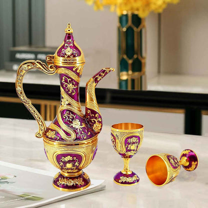 Turkish Tea Coffee Cup and Pot Set Including Teapot,Tea Tray,6 Cups | Vintage Metal,Service set Table Cabinet,Hip Flask Home Party Decor,Middle Eastern, Greek style (Gold and Purple)