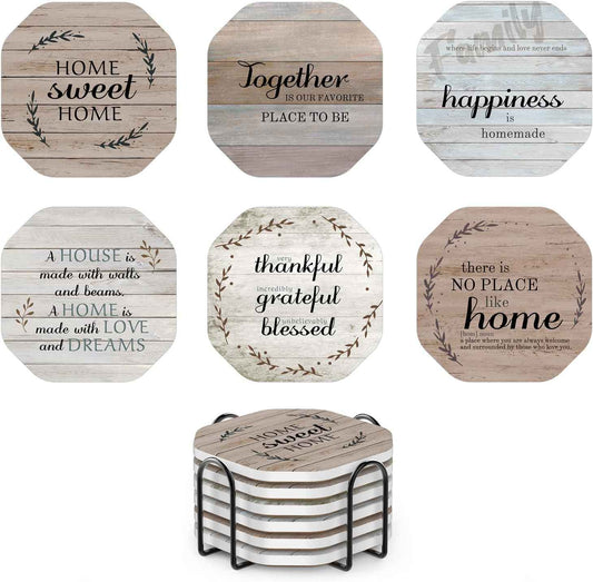 UMIRRO Absorbent Ceramic Stone Coasters Set of 6 with Holder, Sweet Home | Thoughtful House Warming Gifts for New Home, Rustic Country Farmhouse Coffee Table Decor for Log Cabin, Brown Wood Grain, 4"