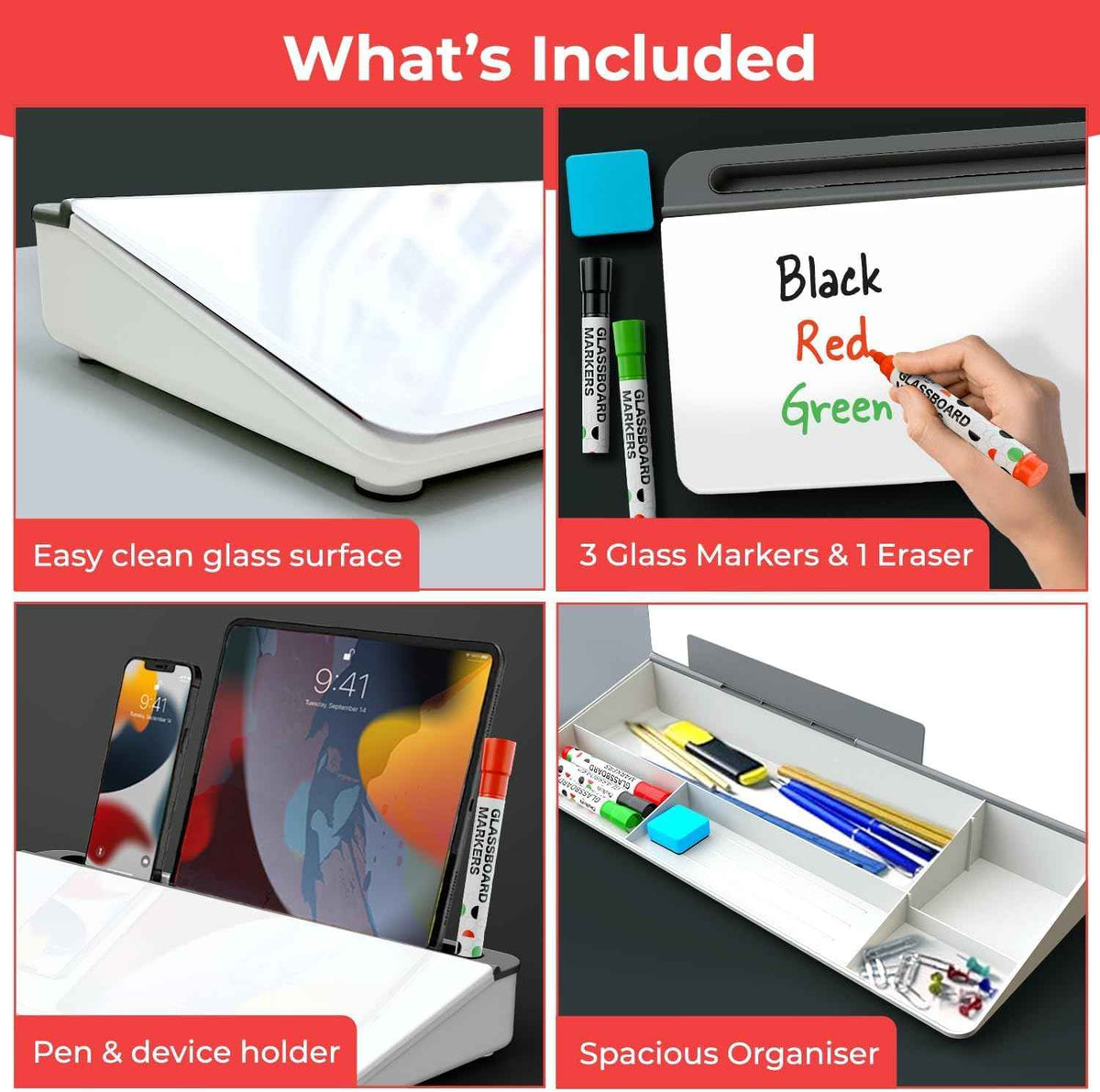Chalkola Glass Desktop Whiteboard with Storage, Desk Dry Erase Board Buddy