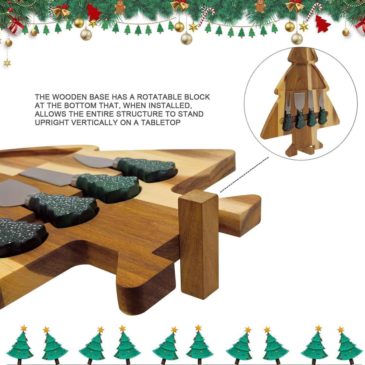 17.3'' Xmas Tree Charcuterie Board Set – Dual-Side Acacia Wood Serving Tray & Cutting Board with 4 Magnetic Knives, Rotating Base – Festive Cheese Platter for Christmas Snacks, Hostess Gift