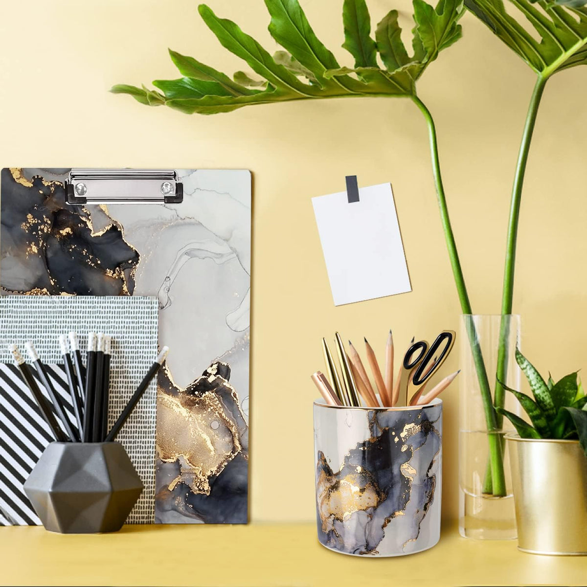 Marble Pencil Holder, Durable Ceramic Desk Organizer Office Supplies,Desktop Stationary Organizer,Multi-Functional Pencil Storage for Desktop Accessories,Office,Classroom,Home,Gray Gold