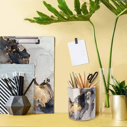 Marble Pencil Holder, Durable Ceramic Desk Organizer Office Supplies,Desktop Stationary Organizer,Multi-Functional Pencil Storage for Desktop Accessories,Office,Classroom,Home,Gray Gold