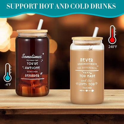 6-Pack Employee Thank You Gifts Glass Cups, 16oz Coffee Cups | Beer glass tumbler with lids, thank you gifts for staff, gift box with card, suitable for team/coworker/men/women/friends