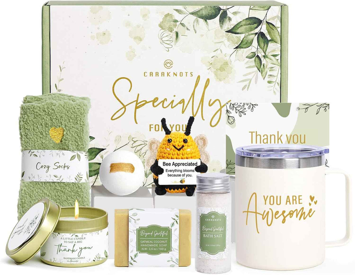 CARAKNOTS Thank You Gifts for Women, Appreciation Box for Coworker Employee | 10 Pcs Sage Green Gift Box for Nurse Boss Teacher, Crochet Bee Keepsake, Tumbler, Self Care Spa Items, Birthday Christmas